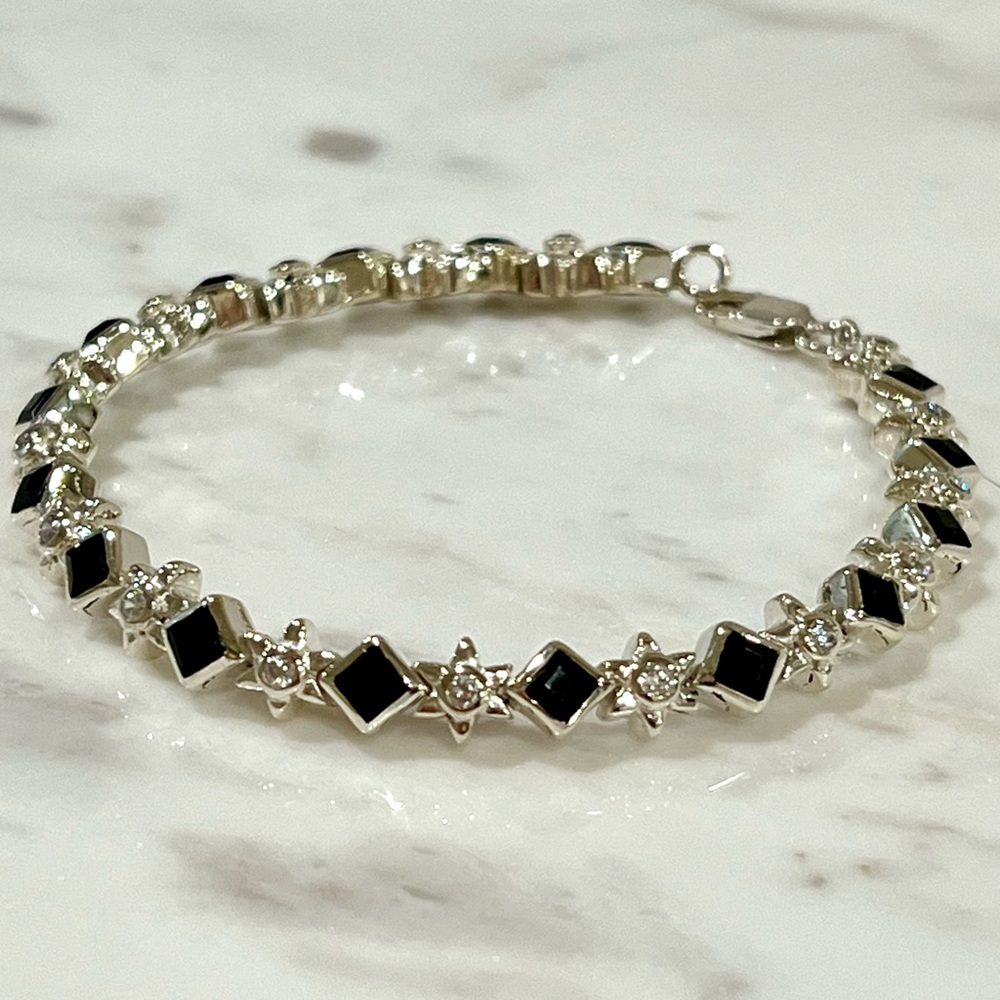 Sterling Silver, Faceted Onyx & CZ Bracelet